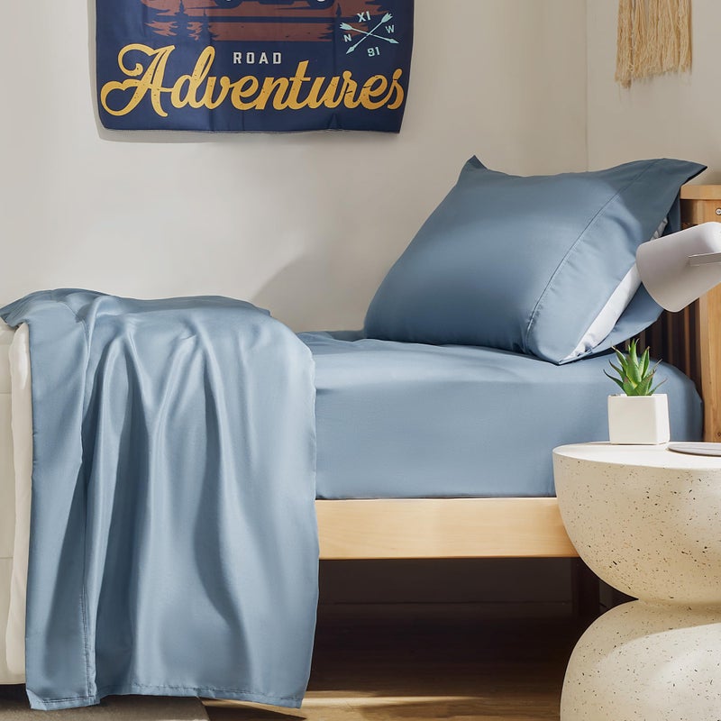 SLEEP ZONE مجموعة ملاءات سرير مكونة من 3 قطع من SLEEP ZONE، ملاءة سرير من الألياف الدقيقة مقاس Twin XL، مجموعة ملاءات سرير ناعمة ومسامية، ملاءة مثبتة بجيب عميق، ملاءة مسطحة وكيس وسادة (حجر الصوان الأزرق. Twin XL) - Image 3